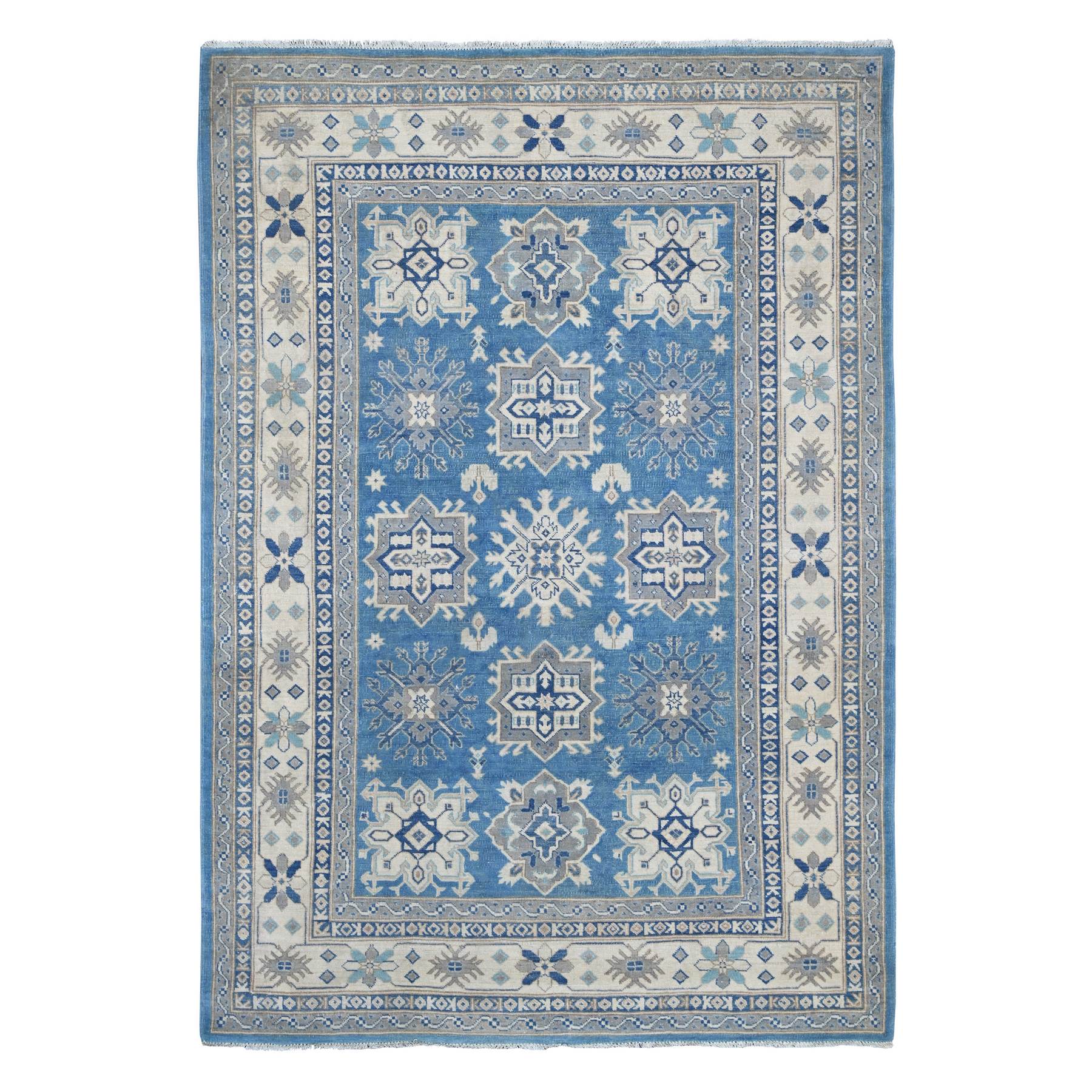 6'x8'5" Marlin Blue, Vintage Look Kazak with Geometric Floral Elements, 100% Wool, Hand Knotted, Natural Dyes, Oriental Rug 